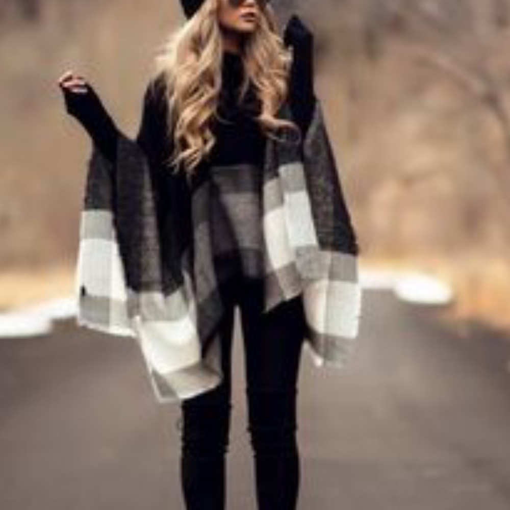 Burgundy Mocha Plaid Turtleneck Poncho - Picture 2 of 2